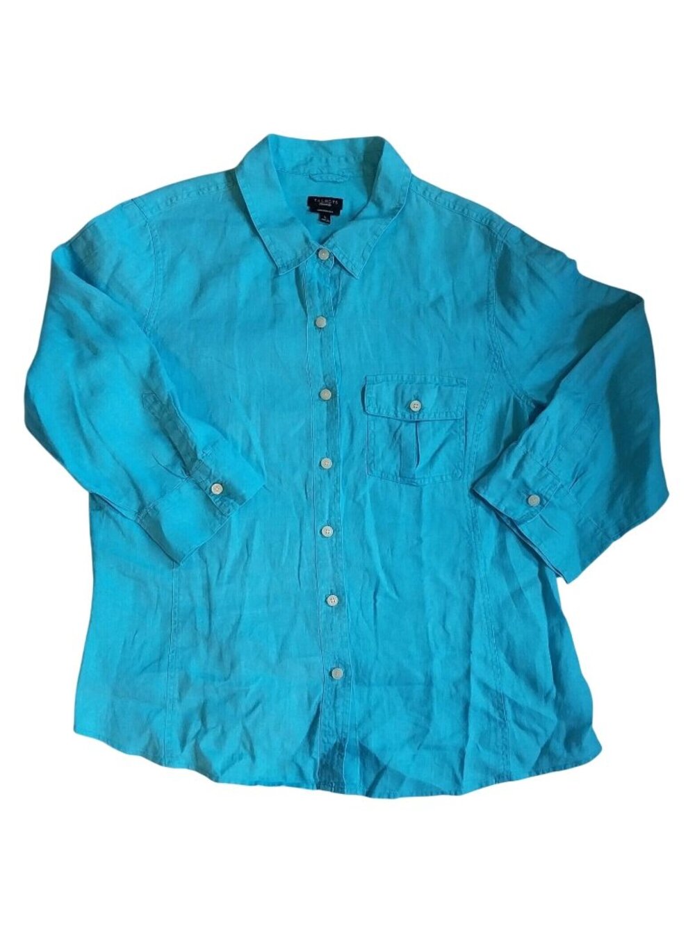 Talbots Pure Irish Linen Turquoise Button-Front Shirt L Made In Indonesia